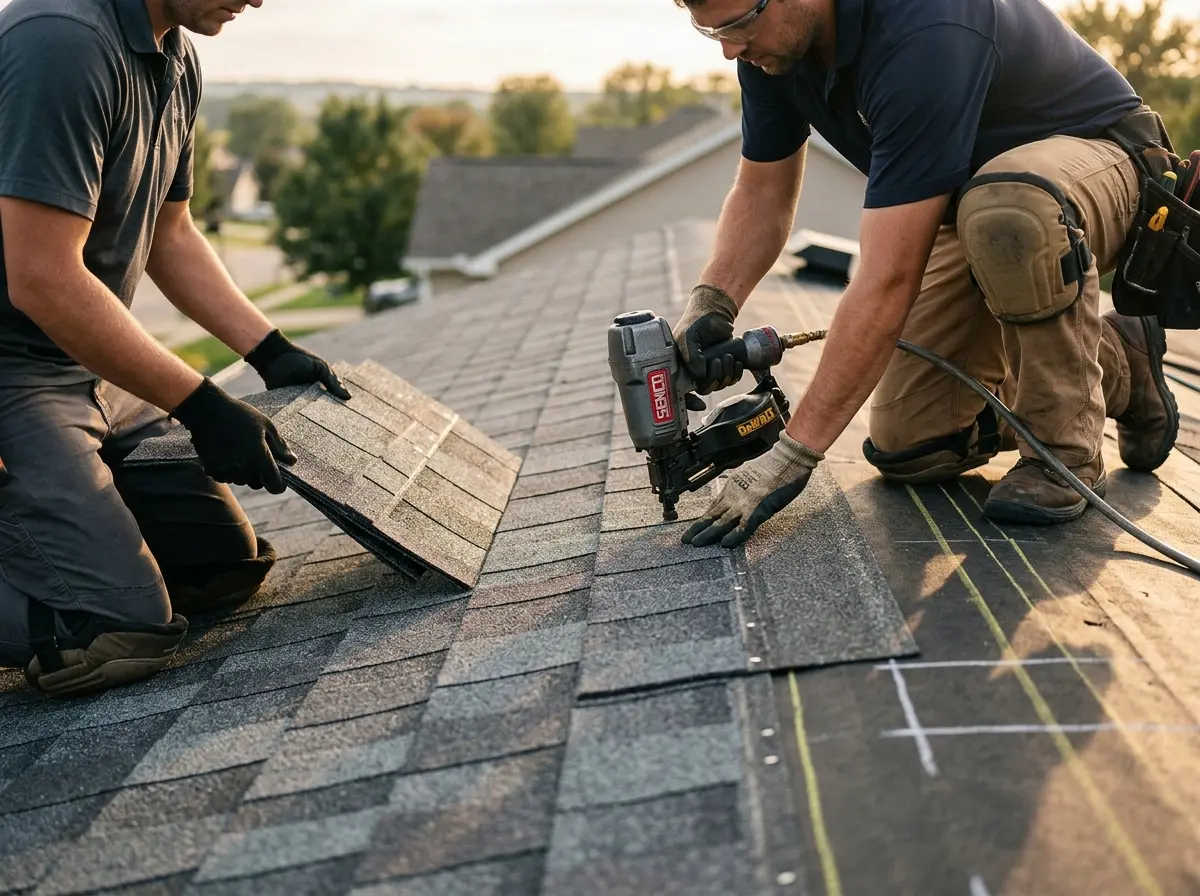 Professional roofer working on a residential roof in East Bakersfield